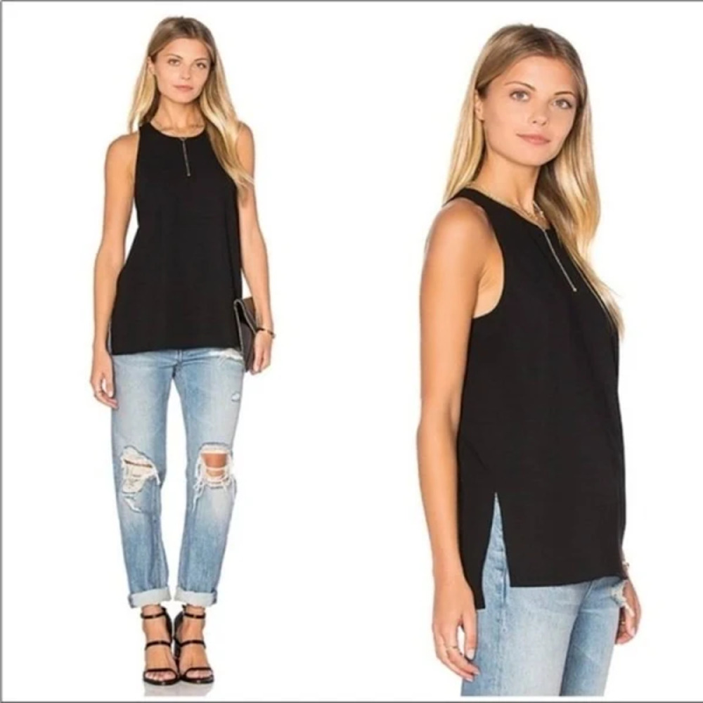 Vince High Neck Bonded Laser Black Tank Side Split Keyhole Back NWT Size Large